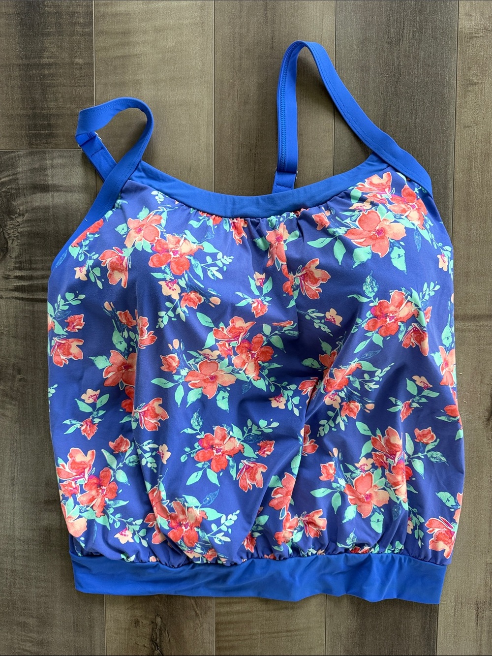 Lands' End Blue Floral Tankini Top with Coral Blossoms
